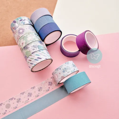 Washi Tapes Colores Frios 15 mm x3 mts x6 Lisos + 6 con Diseños